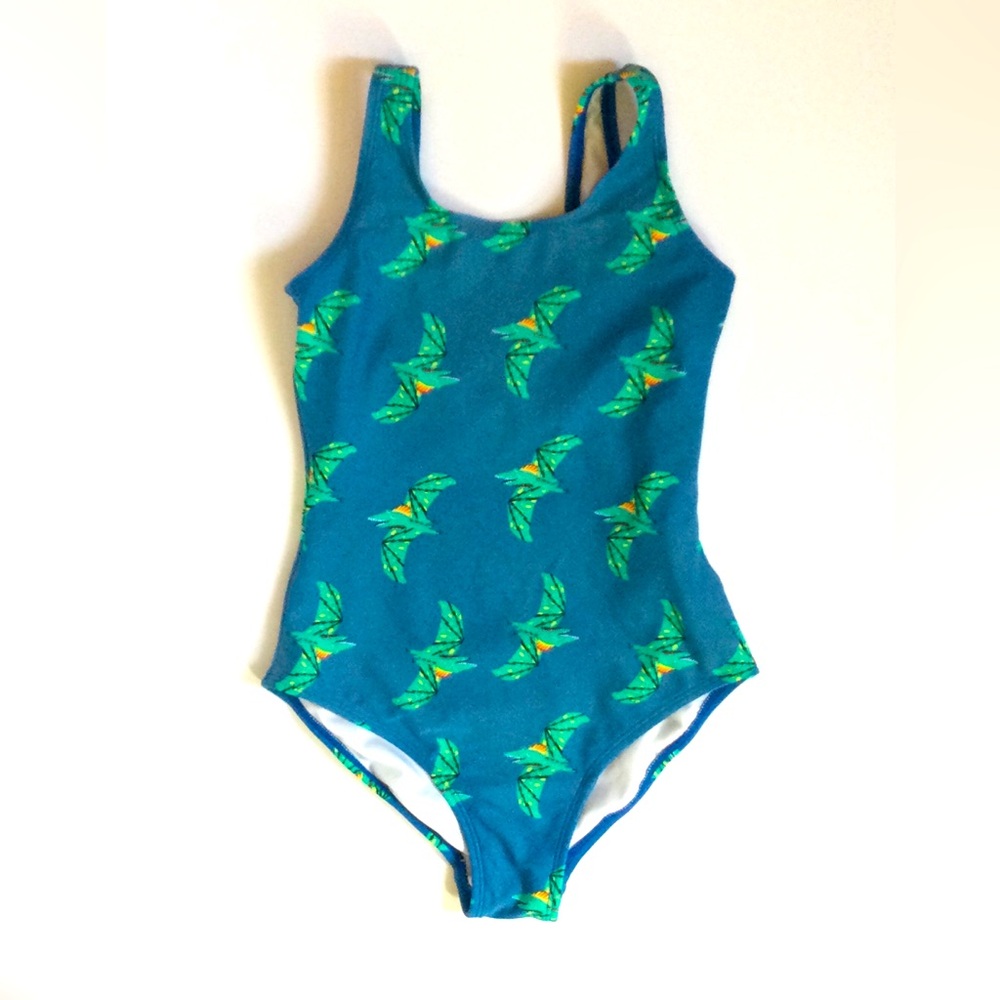 Hanna Andersson Girls Size 10 Blue One-Piece Swimsuit w/ Green Pterodactyl Print